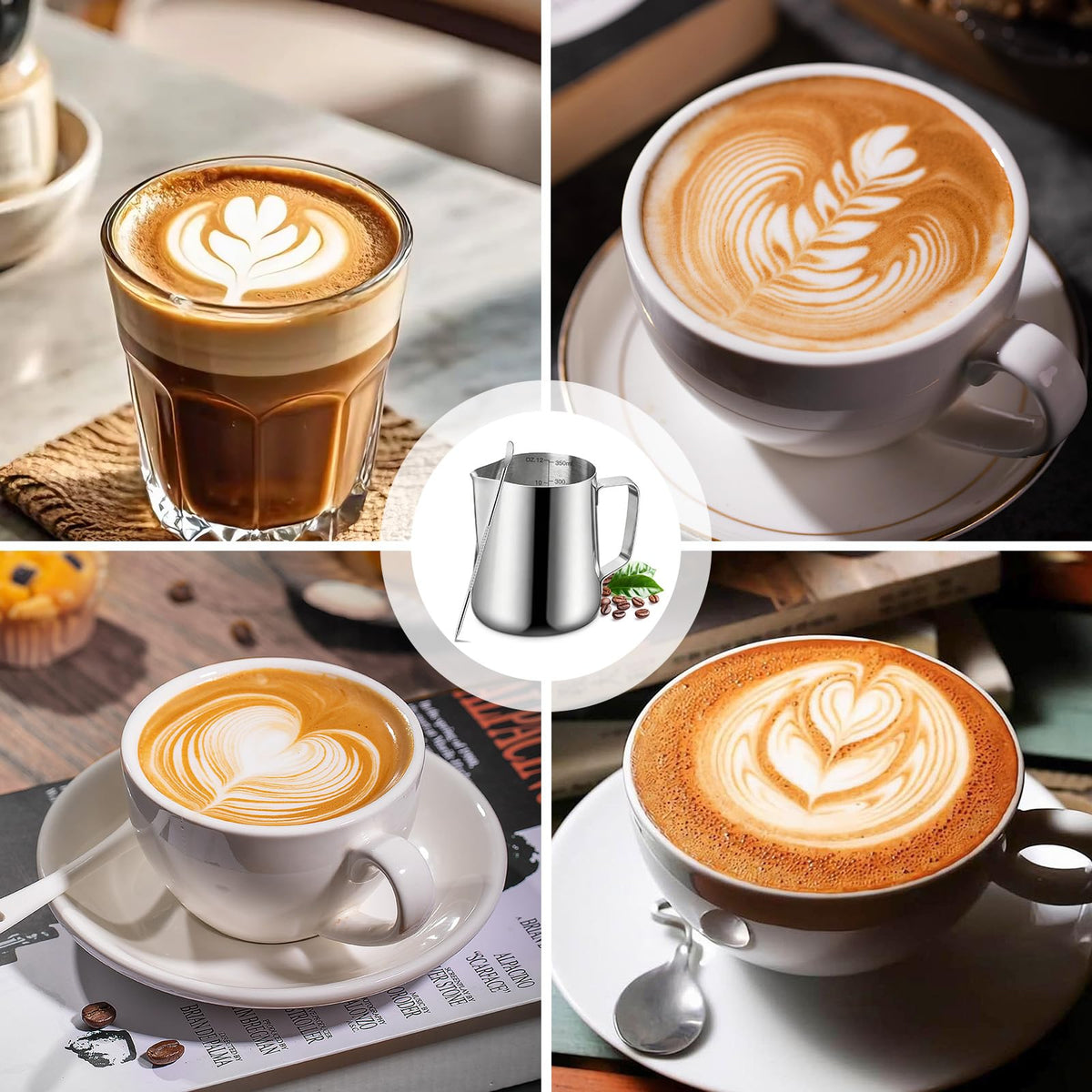 Milk Frothing Pitcher, 12oz Milk Frother Cup with Scale, 304 Stainless Steel Cappuccino Espresso