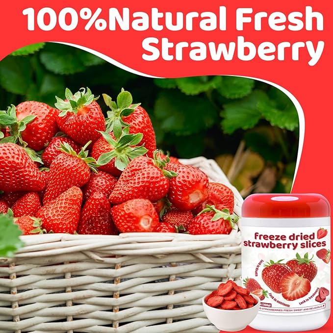 Freeze-Dried Strawberry Slices 5.6oz Jar - 100% Natural Crispy Strawberry Fruit Snack, Vegan