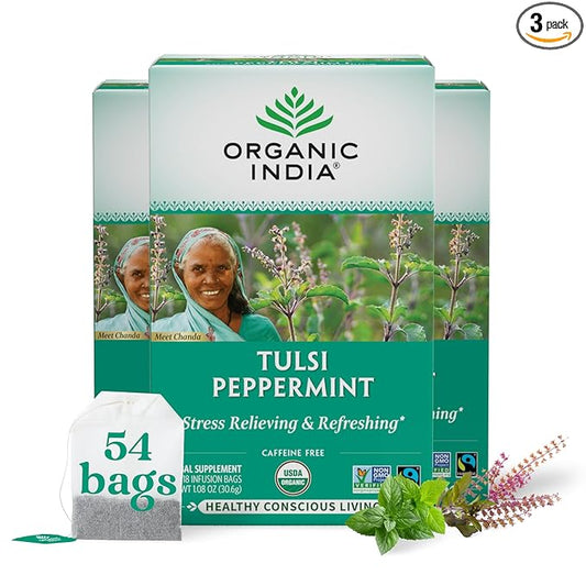 ORGANIC INDIA Tulsi Peppermint Tea - Caffeine Free Herbal Mint Tea - Stress Relieving Holy Basil