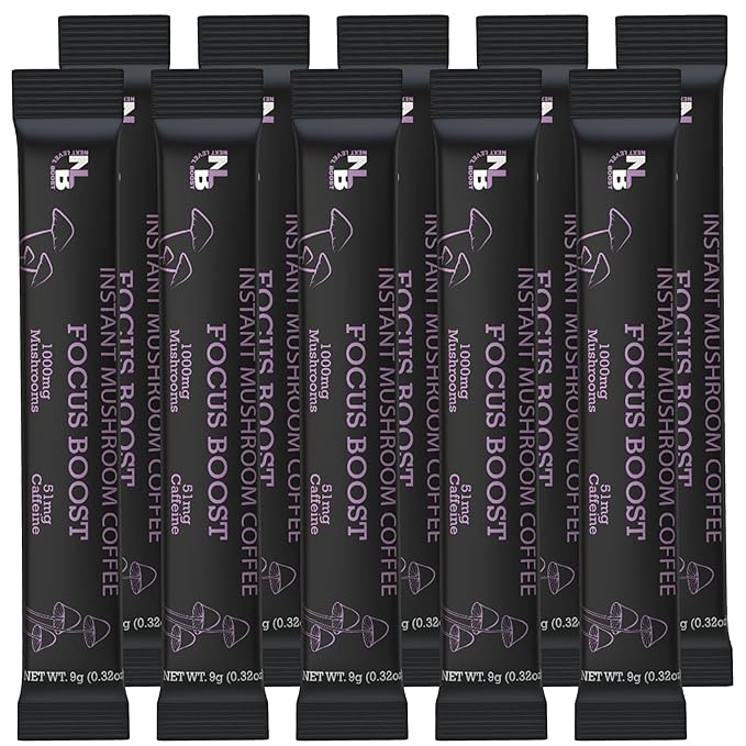 Focus Boost Organic mushroom Instant Coffee - 10 x 9g Packets - Healthy Coffee alternative and