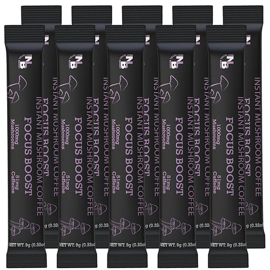 Focus Boost Organic mushroom Instant Coffee - 10 x 9g Packets - Healthy Coffee alternative and