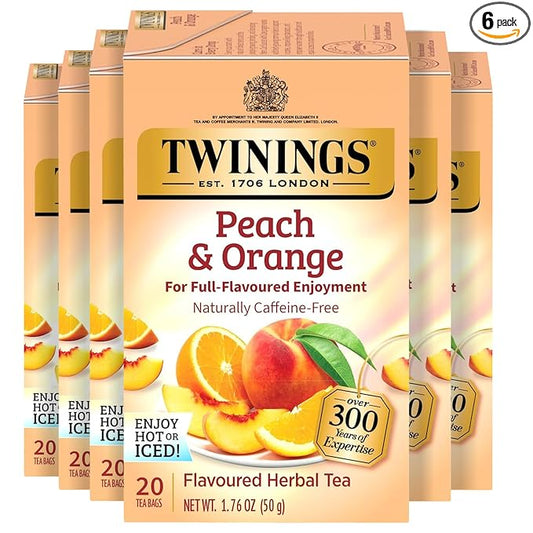 Twinings Peach & Orange Herbal Tea Individually Wrapped Bags, 20 Count (Pack of 6), Juicy & Fruity