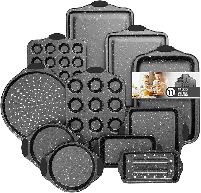 11-Piece Nonstick Baking Pan Set, Stackable Bakeware Sets, Oven Pans for Baking with Silicone