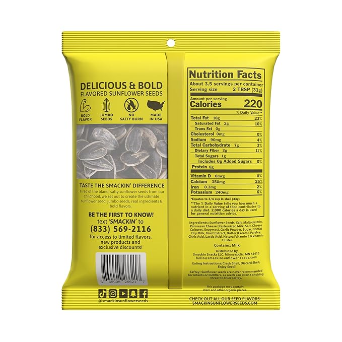 SMACKIN' - Jumbo Roasted Sunflower Seeds, No Salty Burn, American Made, Easy Pour & Seal - Garlic