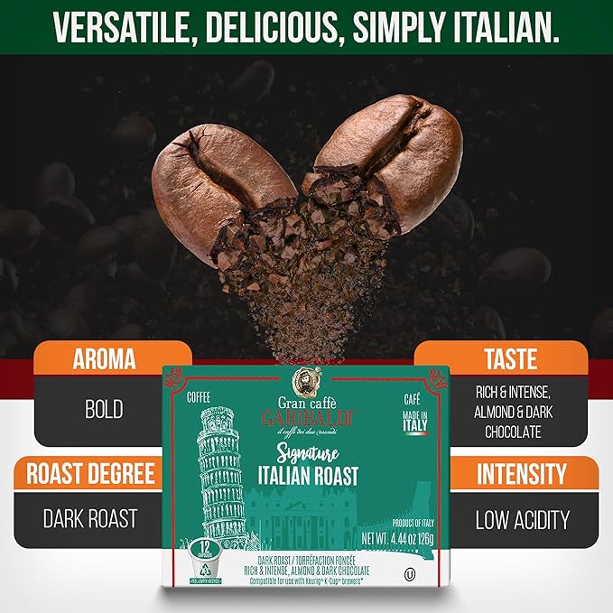 Caffè Garibaldi Italian Roast Coffee Pods, Single-Serve Capsules for Keurig K-Cup Brewers with 100%