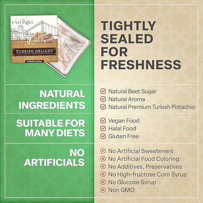 Eastanbul Turkish Delight, 8.8oz, Turkish Delights Candy Sticks Pistachio Filled w/ 4 Flavors: