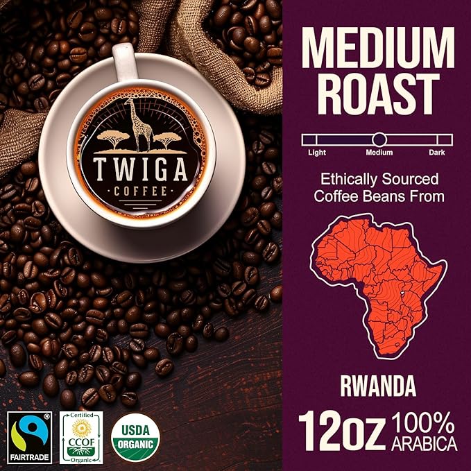Twiga Coffee Rwandan Whole Bean ??Organic Medium Roast Arabica with Caramel, Cinnamon & Citrus