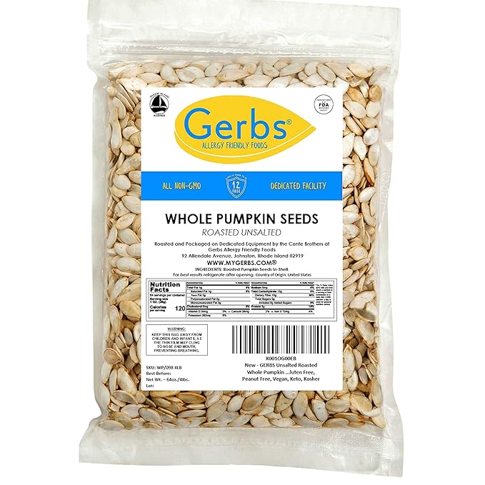Roasted Unsalted Pumpkin Seeds in Shell by Gerbs – 4 LBS - Top 11 Food Allergen Free & Non GMO