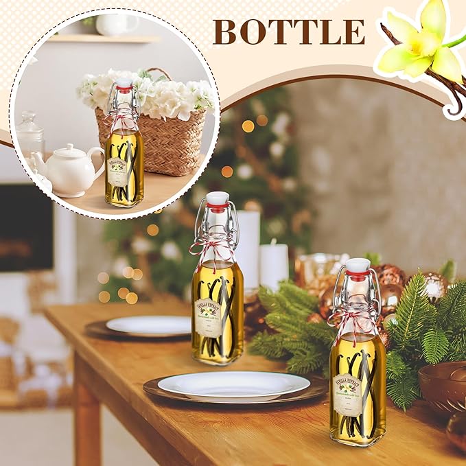 Uiifan 12 Pcs 8 oz Swing Top Clear Square Glass Bottles for Vanilla Extract with Caps and Cotton