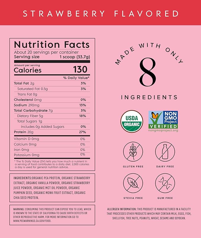 Truvani Vegan Pea Protein Powder | Strawberry | 20g Organic Plant Based Protein | 20 Servings |