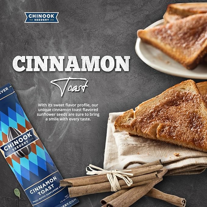 Chinook Seedery Roasted Sunflower Seeds to Eat - 1.5 oz (Pack of 36) Cinnamon Toast - Jumbo Low