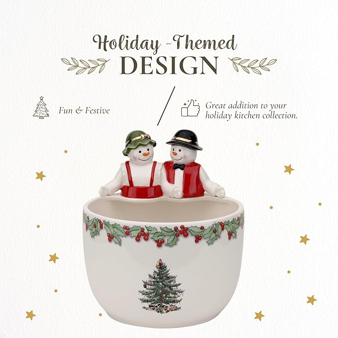 Spode Christmas Tree 9-Inch Candy Bowl - Mr. & Mrs. Snowman Decorative Earthenware Bowl for Serving