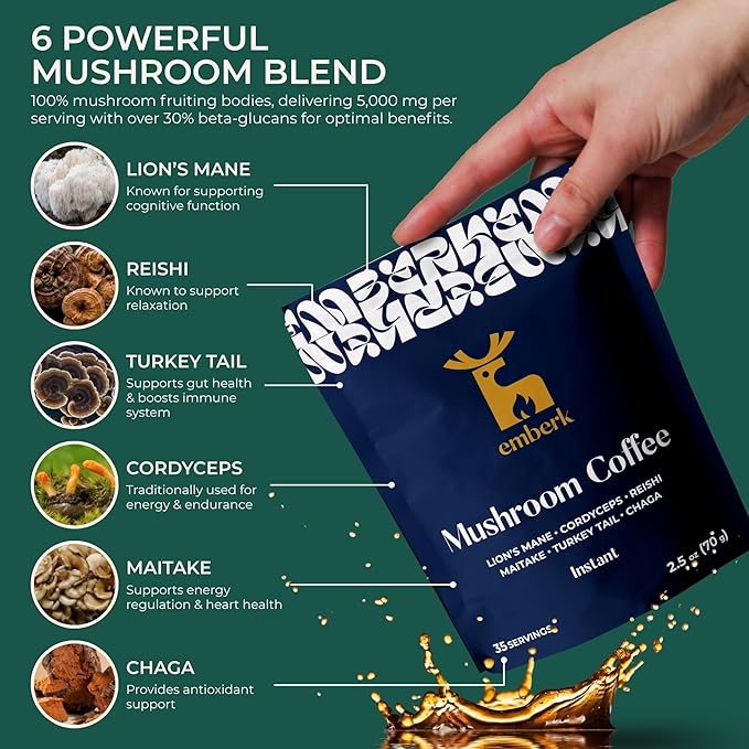 Emberk Organic Instant Mushroom Coffee - 35 Servings of Arabica Coffee with Six 100% Fruiting Body