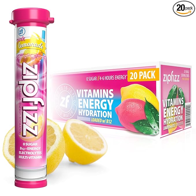 Zipfizz Daily Energy Drink Powder, Pink Lemonade, 20 Pack | 3-in-1 Sustained Energy, Rapid