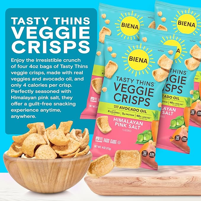 BIENA Tasty Thins Veggie Crisps - Made with Avocado Oil - Low Calorie Veggie Chips for Adults and