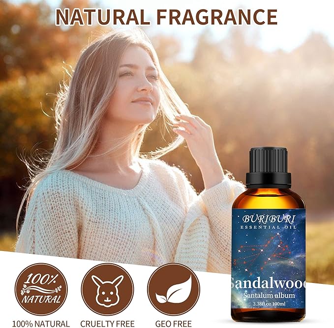 BURIBURI 100ML Sandalwood Essential Oil, 100% Pure Undiluted Aromatherapy Sandalwood Oil 3.38fl.oz