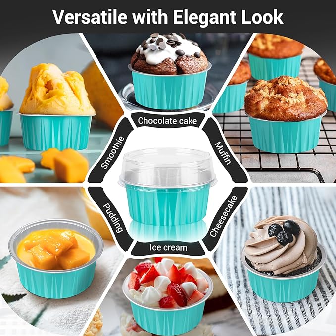 EUSOAR Aluminum Baking Cups with Lids, 30pcs 5oz Disposable Aluminum Foil Ramekins Cupcake Baking