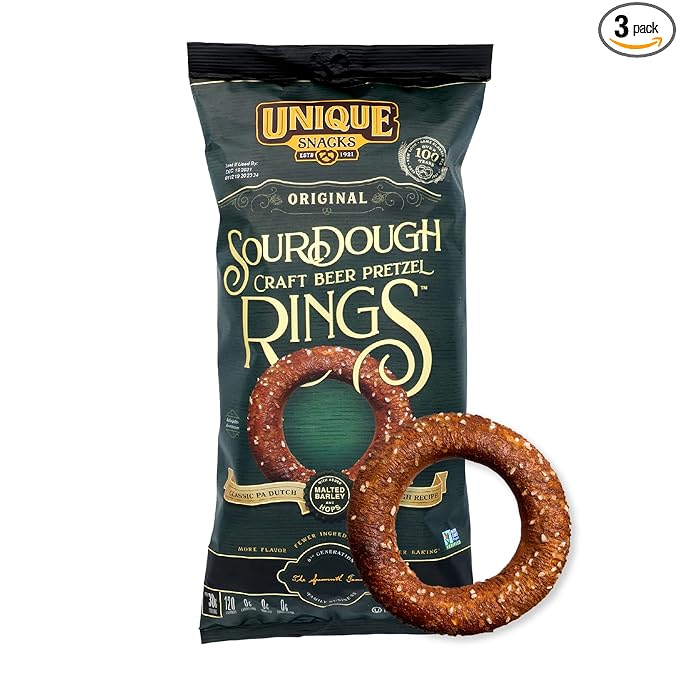 Unique Snacks Sourdough Craft Beer Pretzel Rings, Delicious Homestyle Baked Snack Bag, Vegan, OU