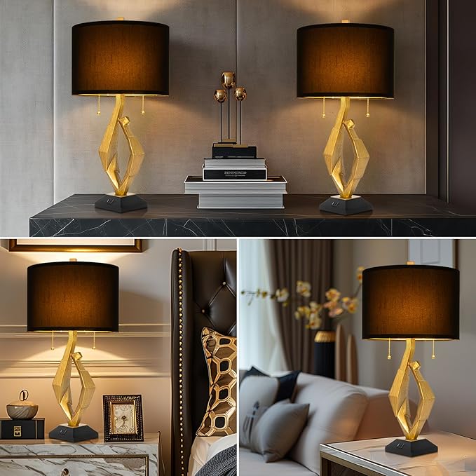 Sculptural Table Lamp Set of 2 with USB Ports For Living Room, Gold Leaf Finish Farmhouse Bedside