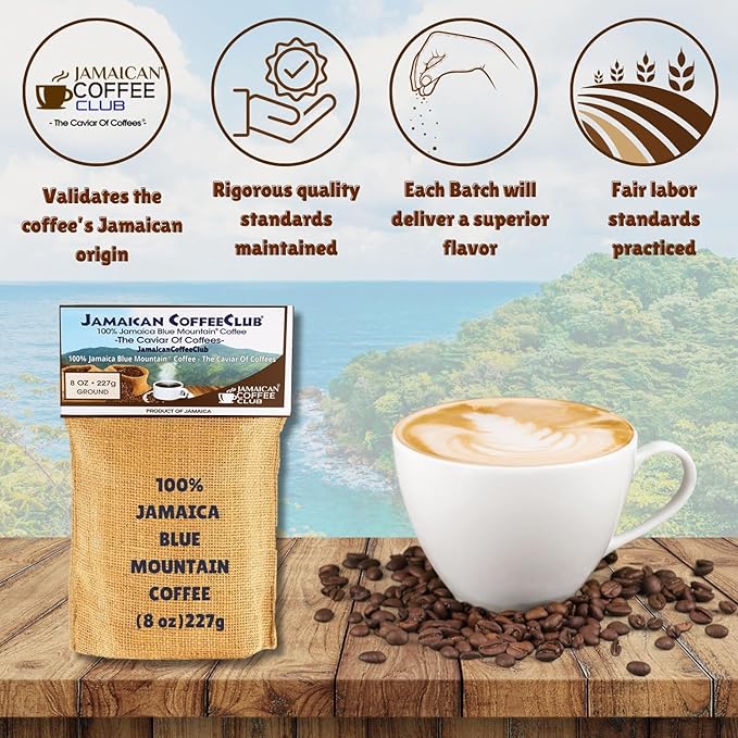 JamaicanCoffeeClub 100% Jamaican Blue Mountain Coffee Ground ??RG 8oz Fresh Roasted Beans, Smooth