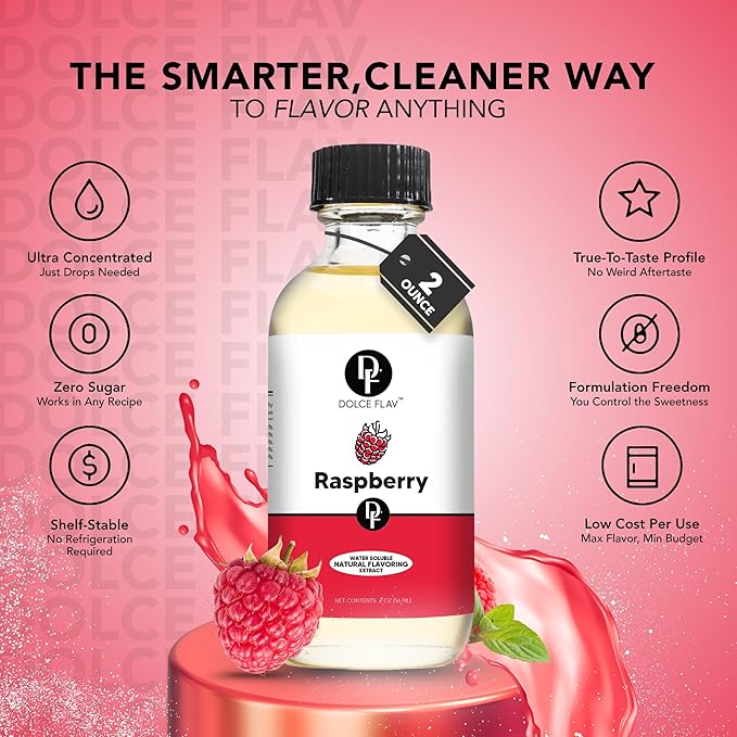 Dolce Flav Natural Raspberry Extract 2 oz ??Kosher, Sugar-Free, Concentrated Tart Raspberry