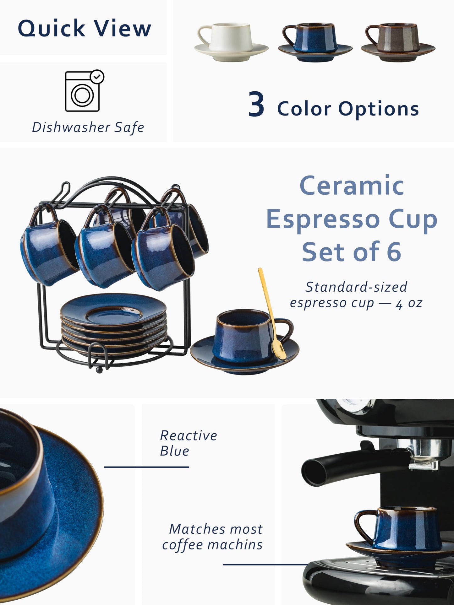YHOSSEUN Espresso Cups Set of 6, 4 OZ Expresso Shots Cup with Sacuer, Blue