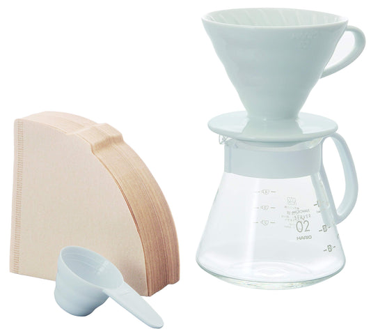 Hario V60 Ceramic Pour Over Coffee Set, Size 02, White