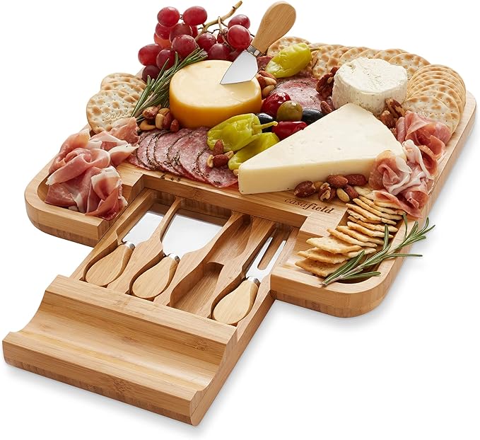 Casafield Bamboo Cheese Board and Knife Gift Set, Wooden Charcuterie Board Meat and Cheese Platter