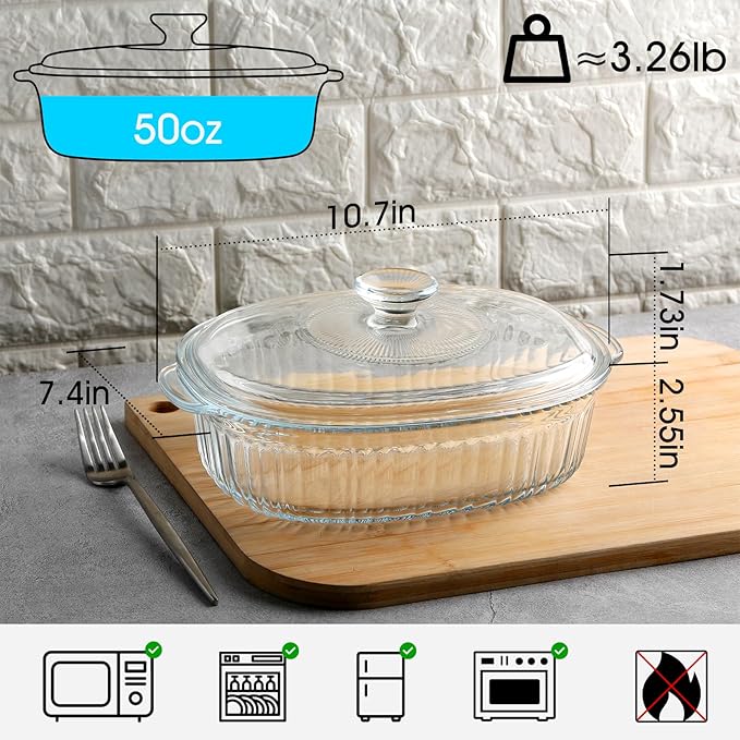 NUTRIUPS 1.9QT Oval Glass Casserole Dish with Glass Lid, Borosilicate Glass,Oval Casserole Dish for
