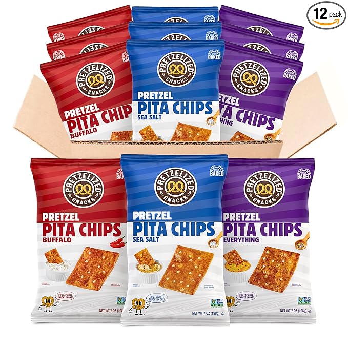 Pretzelized Pretzel Pita 12 Pack Variety - Sea Salt, Everything, Buffalo Pretzelized Snacks Pita