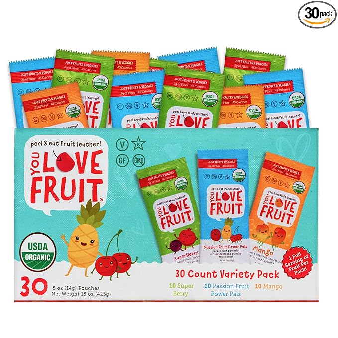 YOU LOVE FRUIT - Fruit Snacks Variety Pack 30 count, 100% Natural Gluten-Free, Vegan, Low Carb, Low