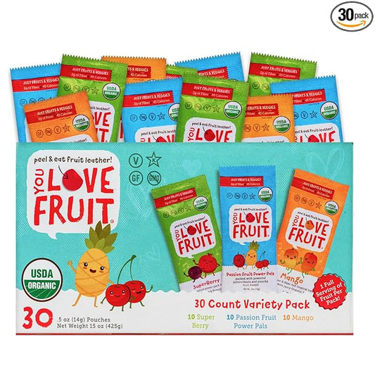 YOU LOVE FRUIT - Fruit Snacks Variety Pack 30 count, 100% Natural Gluten-Free, Vegan, Low Carb, Low