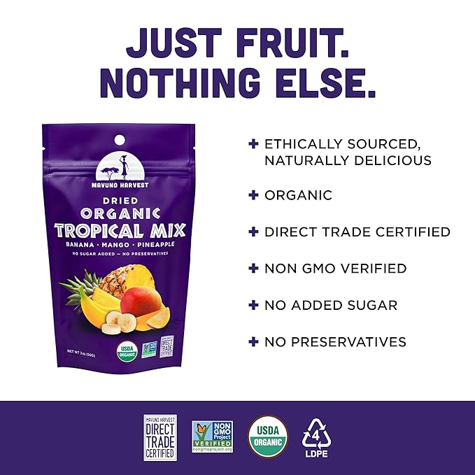 Mavuno Harvest Tropical Mix Dried Fruit Snack | Unsweetened Organic Mixed Dried Fruit | Gluten Free