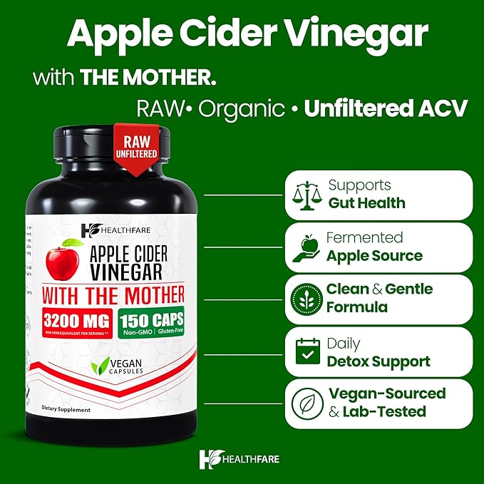Apple Cider Vinegar Capsules with the Mother | 3200mg Raw, Organic & Unfiltered ACV | 150 Vegan