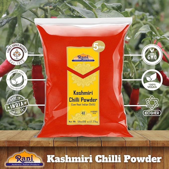Rani Kashmiri Chilli Powder (Deggi Mirch, Low Heat) Ground Indian Spice 80oz (5lbs) 2.27kg Bulk ~