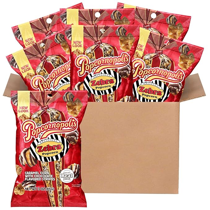 Popcornopolis Zebra Popcorn, Caramel Corn with Chocolate Flavored Stripes, Multipack, 12 Individual
