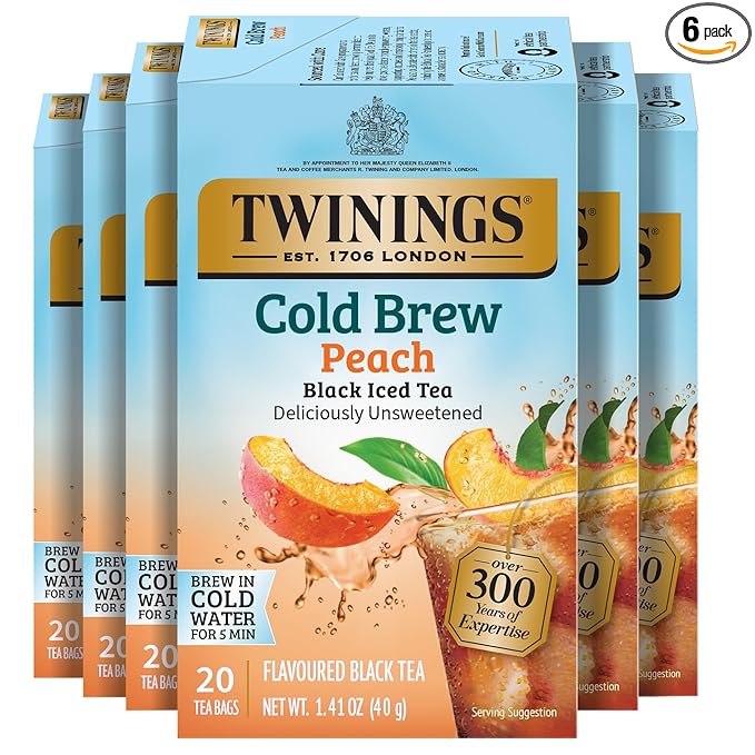 Twinings Peach Cold Brew Iced Tea Bags, 20 Count (Pack of 6), Unsweetened Flavoured Black Tea