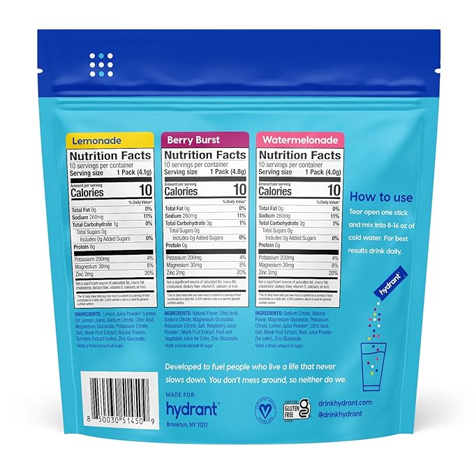 Hydrant Hydrate Zero Sugar, Individual Hydration Electrolyte Powder Stick Packets with Zero Sugar