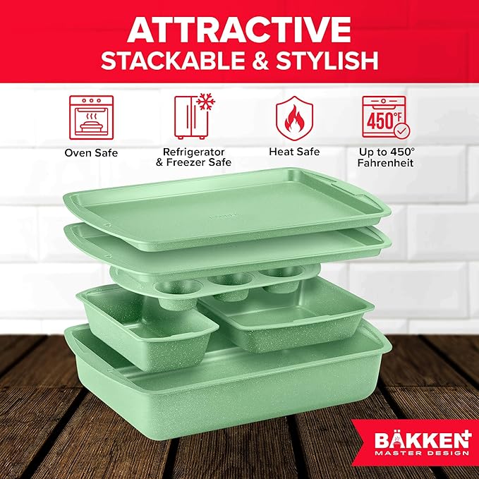 BAKKEN Kitchen Baking Pan Set - Nonstick Green Marble Coating, Commercial Grade Carbon Steel
