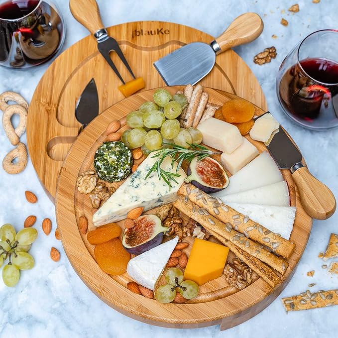 BlauKe Bamboo Cheese Board and Knife Set - 10 inch Round Charcuterie Board, Serving Tray, Platter