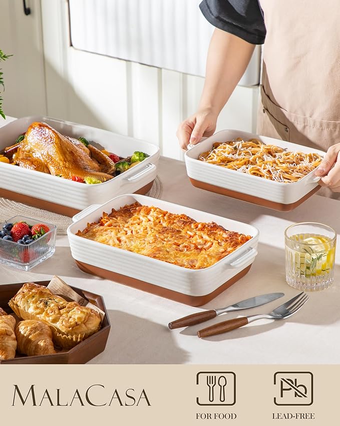 MALACASA Casserole Dishes for Oven, Ceramic Baking Dishes Set of 3, Baking Pan Casserole Dish Set