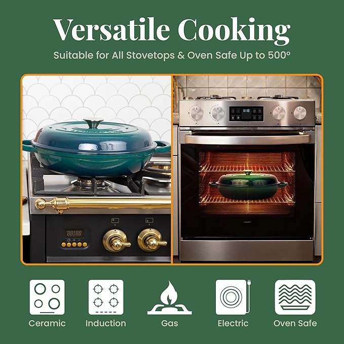 Larder & Vine Enameled Cast Iron Braiser | 3.6 qt Braiser Pan with Lid | Shallow Dutch Oven