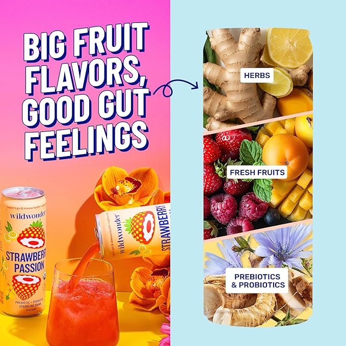 wildwonder Sparkling Probiotic Juice Drink 18pk, w/Gut Health & Immunity Support, 5g Prebiotic