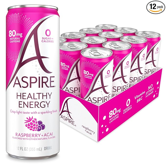 ASPIRE® Raspberry Acai, Healthy Energy Drink 80mg Natural Caffeine, Zero Sugar No Carbs Keto