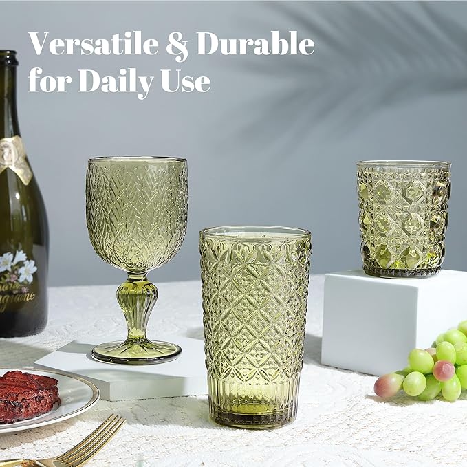 Joeyan Green Vintage Drinking Glasses,Embossed Water Glass Cups,Colored Highball Glass