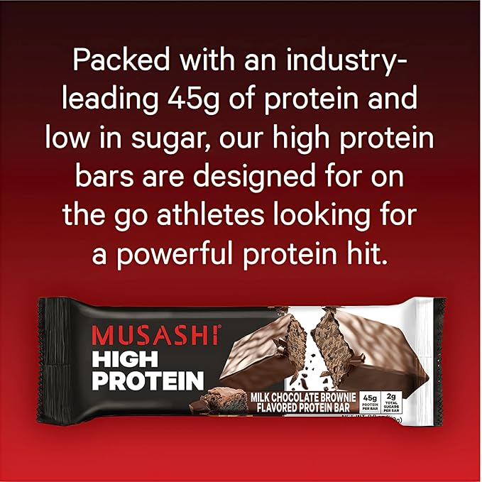 MUSASHI High Protein Bar, 45g Protein, 2g Total Sugars, Milk Chocolate Brownie, Post Workout and
