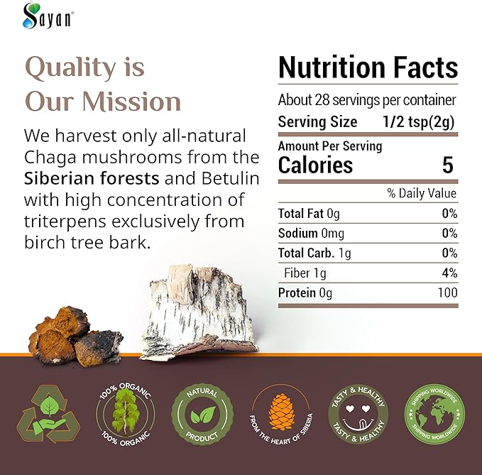 Sayan Siberian Chaga Mushroom Extract with Betulin Powder (4 oz) ??Organic Antioxidant Blend