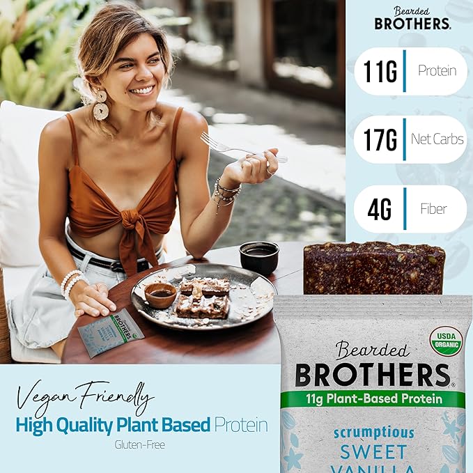 Bearded Brothers Organic Protein Bars, Vanilla (10 Pack) - 11g of Plant Based Protein Gluten Free