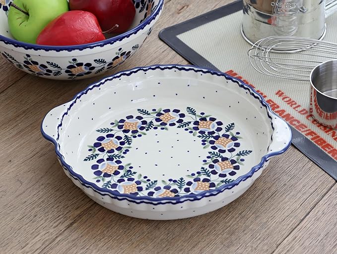 Blue Rose Polish Pottery - Blue Sunflower Pie Plate with Handles - 9.75" Diameter - Ceramic Baking