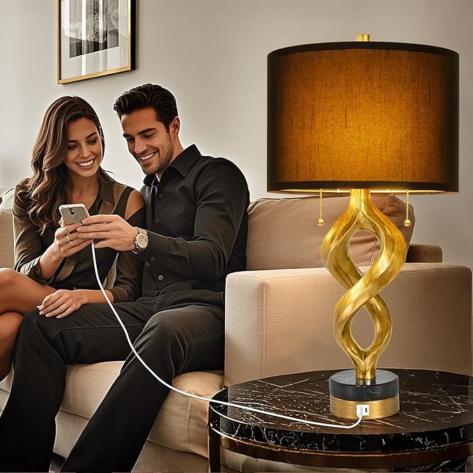 Sculptural Table Lamp Set of 2 for Bedroom, 26” Gold Leaf Farmhouse Bedside Lamps for Living Room